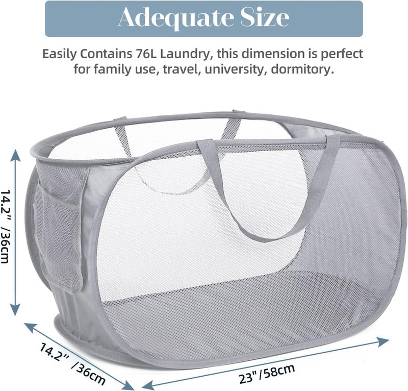 Bemkoo Durable Collapsible Laundry Baskets, Mesh Pop Up Laundry Hamper with Side Pocket, Foldable Clothes Storage Hamper with Reinforced Carry Handles for Laundry, Bathroom, Kids Room, Dorm or Travel Grey - Image 3